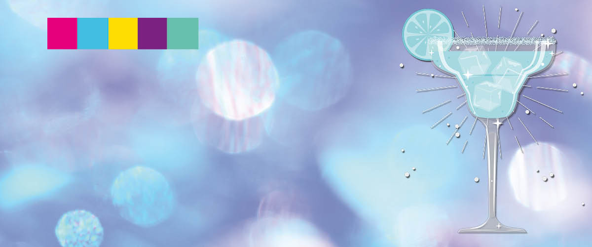 Violetin ja sinisen sävyinen tausta, jossa piirroskuva cocktaillasista.